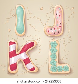 Hand drawn letters of the alphabet I through L in the shape of delicious and colorful cookies