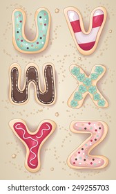 Hand drawn letters of the alphabet U through Z in the shape of delicious and colorful cookies