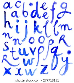 Hand drawn letters. Letters of the alphabet written with a brush. Spots and blotches. Vector.