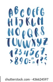 Hand drawn letters. Letters of the alphabet written with a brush. Watercolor texture. English alphabet.  Vector handwritten brush script. White letters on chalkboard background. ABC Painted Letters. 