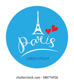 Hand drawn letters and Eiffel Tower with blue frame isolated on white background. Romantic design element for flyers or greeting cards.