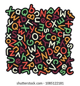 Hand drawn letters of the English alphabet mixed in a colorful square background. Clipping paths included.