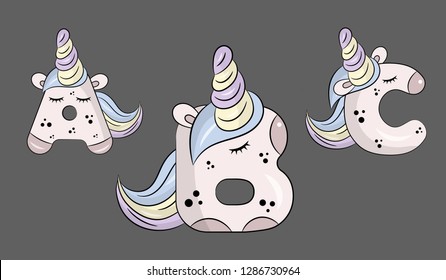 Hand drawn letters in the form of cute unicorns. ABC Alphabet. Vector isolated objects on dark background.