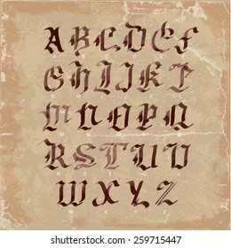 Hand drawn letters. gothic style alphabet on vintage paper. watercolor