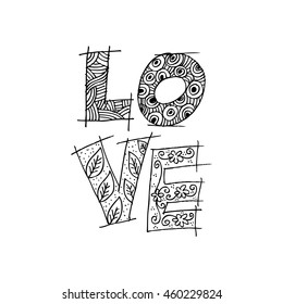 Hand drawn letters LOVE text with floral decorative style.