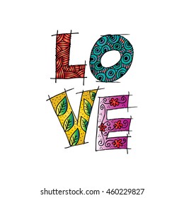 Hand drawn letters LOVE text with floral decorative style.