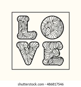 Hand drawn letters LOVE text with ornamented decorative style