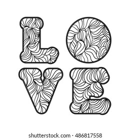 Hand drawn letters LOVE text with ornamented decorative style