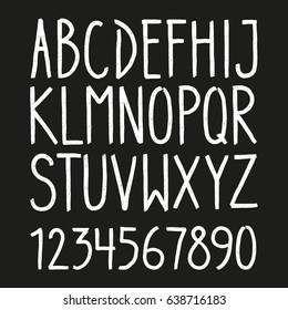 Hand drawn letters and numbers font. marker lettering. Grunge font, Sans serif. Vector design. Isolated on black background. alphabet written with ink, brush. calligraphy, lettering