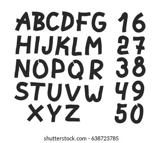 Hand drawn letters and numbers font. bold comic modern marker lettering. Grunge font, Sans serif. Vector design. Isolated on white background. alphabet written with ink, brush. calligraphy, black