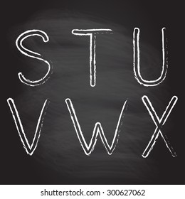 Hand drawn letters and numbers isolated on blackboard texture with chalk rubbed background. Vector illustration of alphabet.