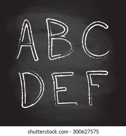 Hand drawn letters and numbers isolated on blackboard texture with chalk rubbed background. Vector illustration of alphabet.