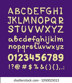Hand drawn letters and numbers set. Handwritten vector alphabet isolated on ultra violet background. Trendy design element.