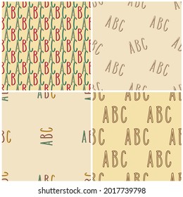 Hand drawn letters seamless patterns set. Light brown vector background illustrations. Education school wallpaper designs.