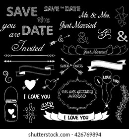 Hand drawn letters.Wedding Font,Save the Date,Just married,You Are Invited.Letters Design Elements Isolated.