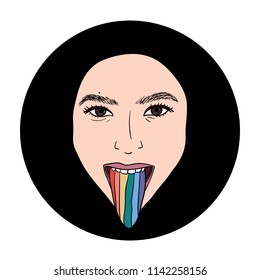 Hand Drawn lgbt girl or woman with rainbow tongue in psychodelic style Doodle card. Illustrations Drawing Vector Sketch for textile, print, postcard, poster, background, t-shirt, apparel