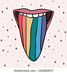 Hand Drawn lgbt girl or woman with rainbow tongue in psychodelic style Doodle card. Illustrations Drawing Vector Sketch for textile, print, postcard, poster, background, t-shirt, apparel
