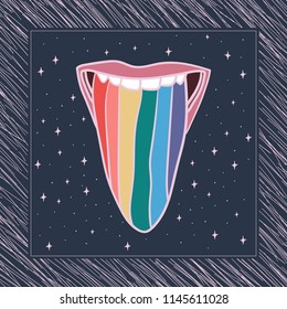 Hand Drawn lgbt girl or woman with rainbow tongue in psychodelic style Doodle card. Illustrations Drawing Vector Sketch for textile, print, postcard, poster, background, t-shirt, apparel