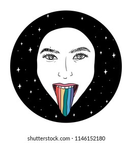 Hand Drawn lgbt girl or woman with rainbow tongue in psychodelic style Doodle card. Illustrations Drawing Vector Sketch for textile, print, postcard, poster, background, t-shirt, apparel