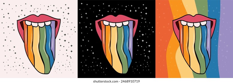 Hand Drawn lgbt girl or woman open mouth with rainbow tongue in psychodelic doodle style.  Open mouth vector illustration set for textile, print, postcard, poster, background, t-shirt, apparel