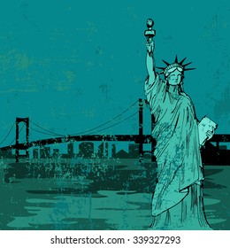 Hand drawn Liberty statue and bridge - vector