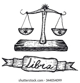 Hand drawn Libra horoscope sign with banner/
Illustration of a hand drawn Libra horoscope sign with banner