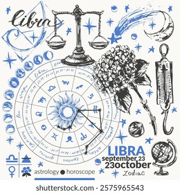 Hand drawn libra zodiac sign illustration, horoscope background with astrology symbols and talismans. Zodiac wheel, planets, sun, moon, star constellations.
