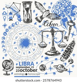 Hand drawn libra zodiac sign illustration, horoscope background with astrology symbols and talismans. Zodiac wheel, planets, sun, moon, star constellations.
