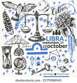 Hand drawn libra zodiac sign illustration, horoscope background with astrology symbols and talismans. Zodiac wheel, planets, sun, moon, star constellations.
