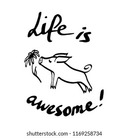 Hand drawn "Life is awesome" ink brush lettering phrase and cartoon sketch of cute funny pig character with chamomile. 2019 new year symbol. Isolated on white background. Vector illustration.