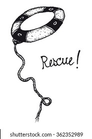 Hand drawn life preserver icon/
Illustration of a hand drawn life preserver icon with a rope and rescue sign