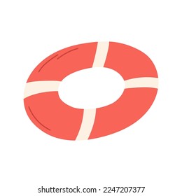 Hand drawn lifebuoy, cartoon flat vector illustration isolated on white background. Inflatable rubber ring for safe swimming in the pool, sea or ocean. Red and white lifebuoy.
