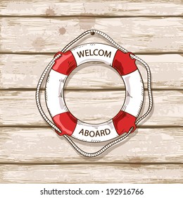 Hand drawn lifebuoy on old boards of ship deck background