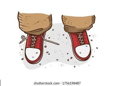 Hand drawn lifestyle street style vector illustration close up feet wearing red sneakers and untied lace one shoe standing the ground