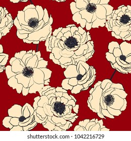 Hand drawn light beige  blooming flowers on red  leaves and texture background in vector seamless pattern 