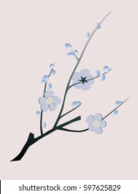 Hand drawn light blue blooming apple tree. Vector illustration on pink background. Element for design of invitations, movie posters, fabrics and other objects.