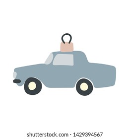Hand drawn light blue car Christmas tree toy illustration. Hand drawn clipart. White background. Flat style illustration. Greeting card, poster, design element. Vector