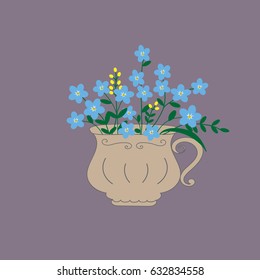 Hand drawn light blue forget-me-not flowers branches with green leaves in vintage tea cup, shabby chic style, mothers day, birthday