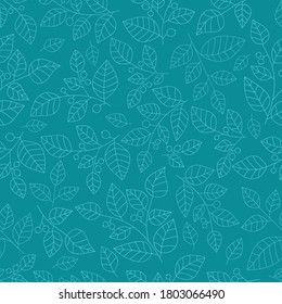 Ramas claras dibujadas a mano con hojas y bayas sobre un fondo azul calmado. diseño floral sin costuras decorativo. Adecuado para el embalaje textil.