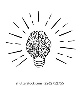 Bombilla de luz dibujada a mano con cerebro. Idea aislada en un fondo blanco. Ilustración vectorial.