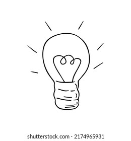 Lámpara de luz dibujada a mano, dispositivo eléctrico doodle,concepto de solución.Signo de idea de genio,descubrimiento científico,insight.Esbozo,diseño minimalista a mano alzada.Decoración para historias,afiches.Isolated.Vector