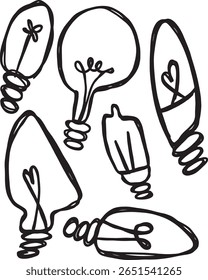 Hand drawn light bulb doodle illustration featuring unique filament designs and whimsical shapes