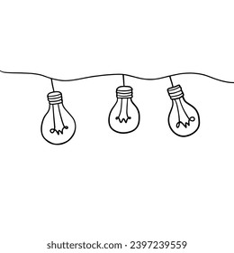 La bombilla dibujada a mano está colgada en el estilo abstracto de la línea de doodle, en la ilustración vectorial