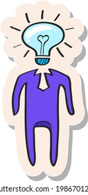 Icono de cabeza de bombilla dibujada a mano en ilustración vectorial de estilo pegatina
