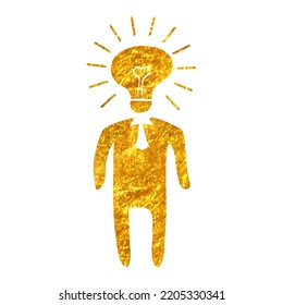 Icono de la cabeza de la bombilla dibujada a mano en ilustración vectorial de textura de lámina dorada