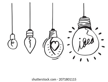 Iconos de bombillas dibujadas a mano con el concepto de idea. Estilo Doodle. Ilustración vectorial.