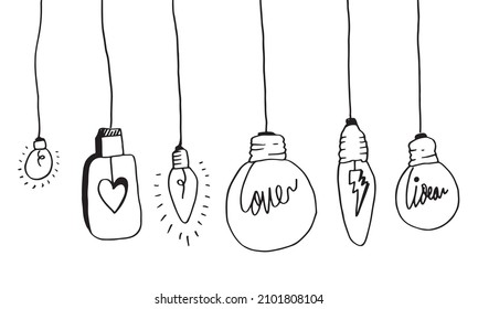 Hand drawn light bulb icons with concept of idea. Doodle style. Vector illustration.