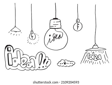 Hand drawn light bulb icons with concept of idea. Doodle style. Vector illustration.