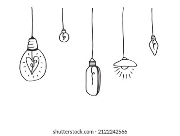 Hand drawn light bulb icons with concept of idea. Doodle style. Vector illustration.