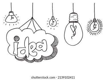 Hand drawn light bulb icons with concept of idea. Doodle style. Vector illustration.